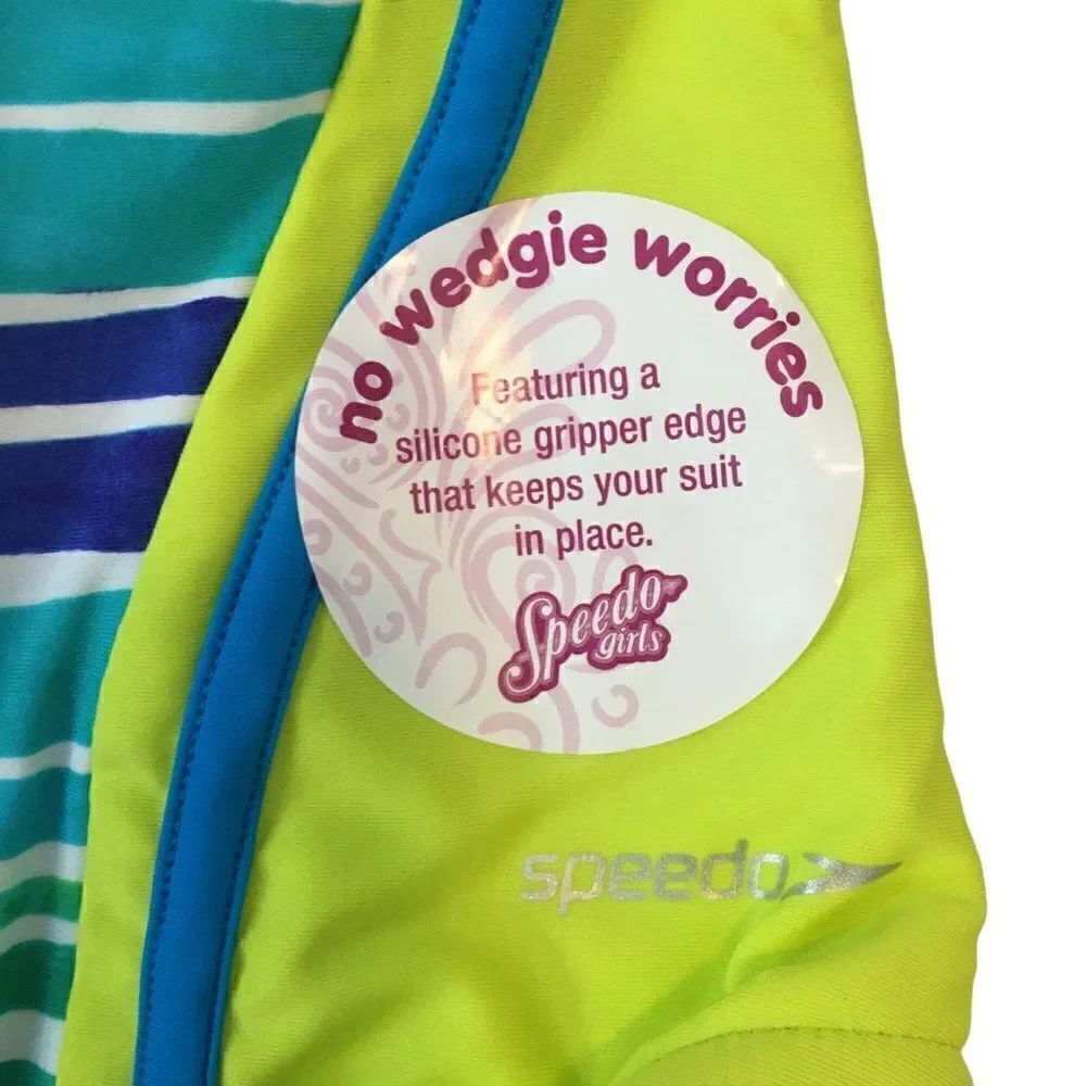 Speedo girls in bright yellow with green and blue stripes
